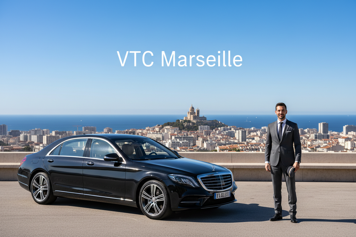 Chauffeur VTC à Marseille devant berline premium, transferts gare, aéroport, port/quai