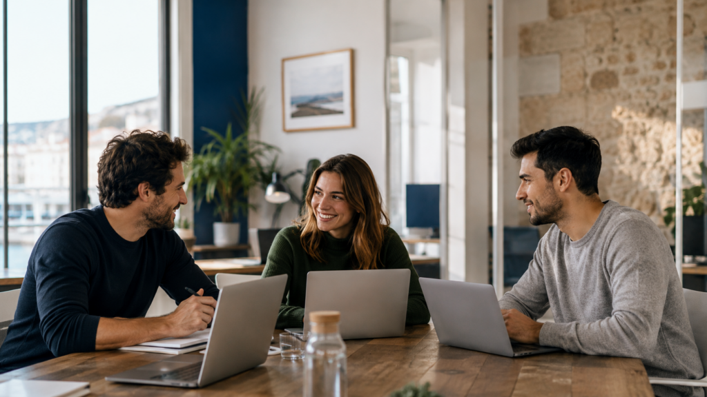 Équipe PME marseillaise collaborant avec agents IA — automatisation et productivité
