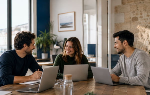 Équipe PME marseillaise collaborant avec agents IA — automatisation et productivité