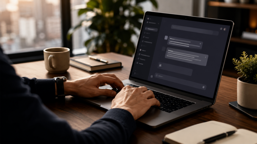 Personne tapant sur ordinateur avec interfaces IA visibles — GEO Generative Engine Optimization 2026