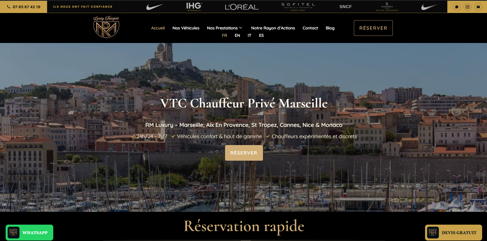 RM Luxury Transport — Site live 2026 (capture réelle)