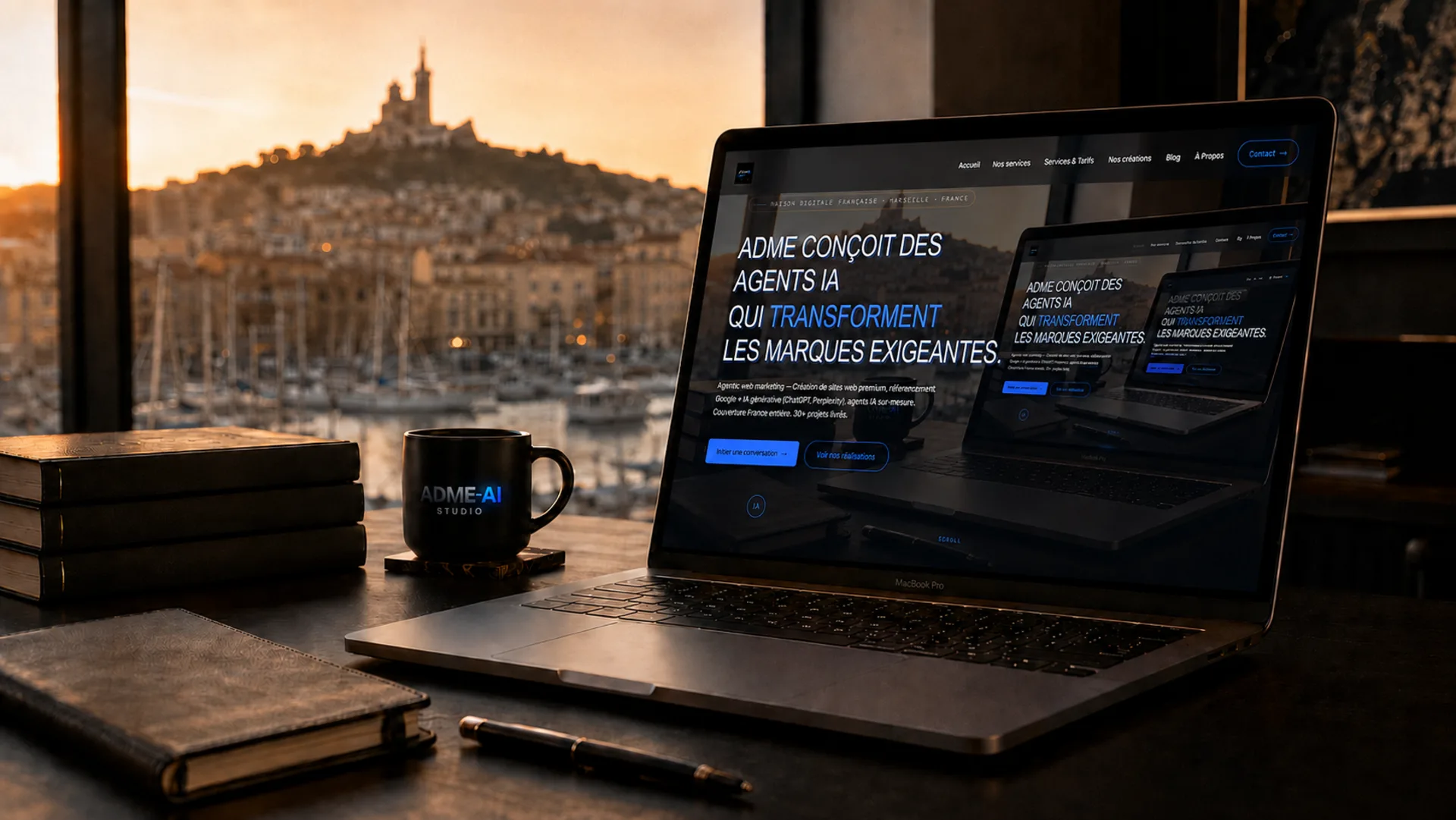 Poste de travail du studio ADME face à Notre-Dame-de-la-Garde au coucher du soleil, Marseille