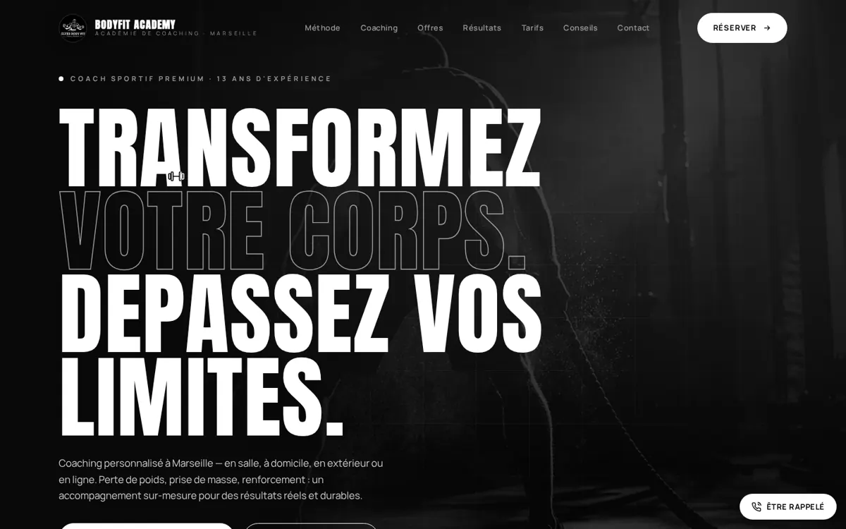 Page d’accueil du site BodyFit Academy réalisé par ADME-AI Studio