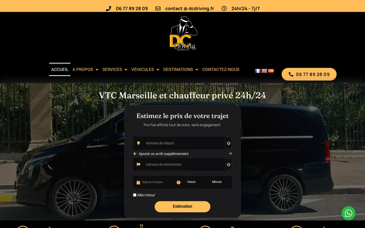 Page d’accueil du site DC Driving réalisé par ADME-AI Studio