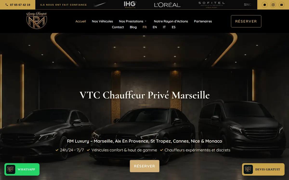 Page d’accueil du site RM Luxury Transport réalisé par ADME-AI Studio