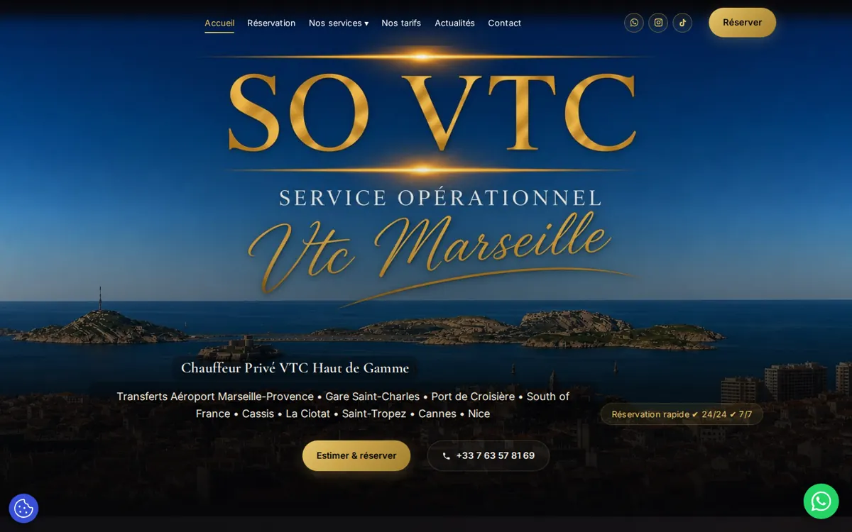 Page d’accueil du site SO VTC Marseille réalisé par ADME-AI Studio
