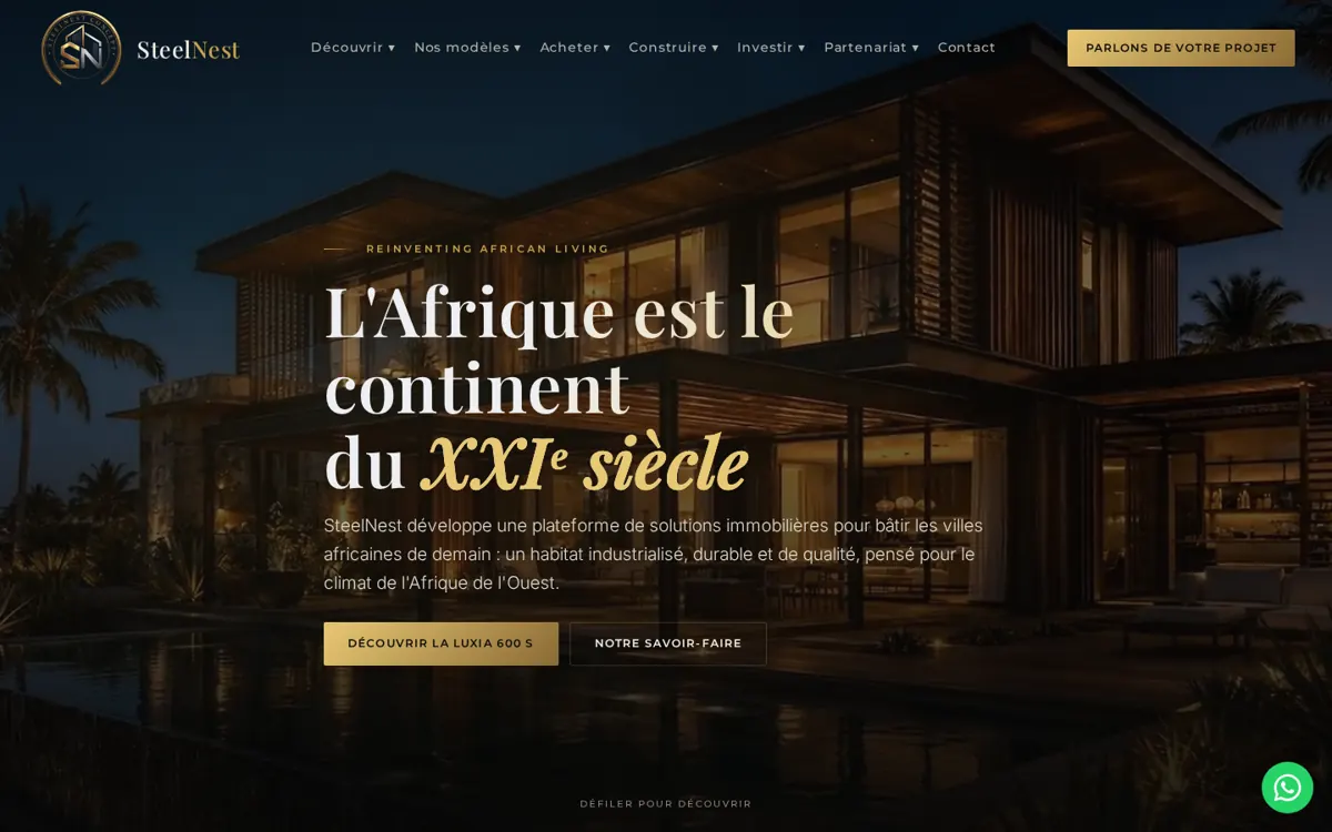 Page d’accueil du site SteelNest Concept réalisé par ADME-AI Studio